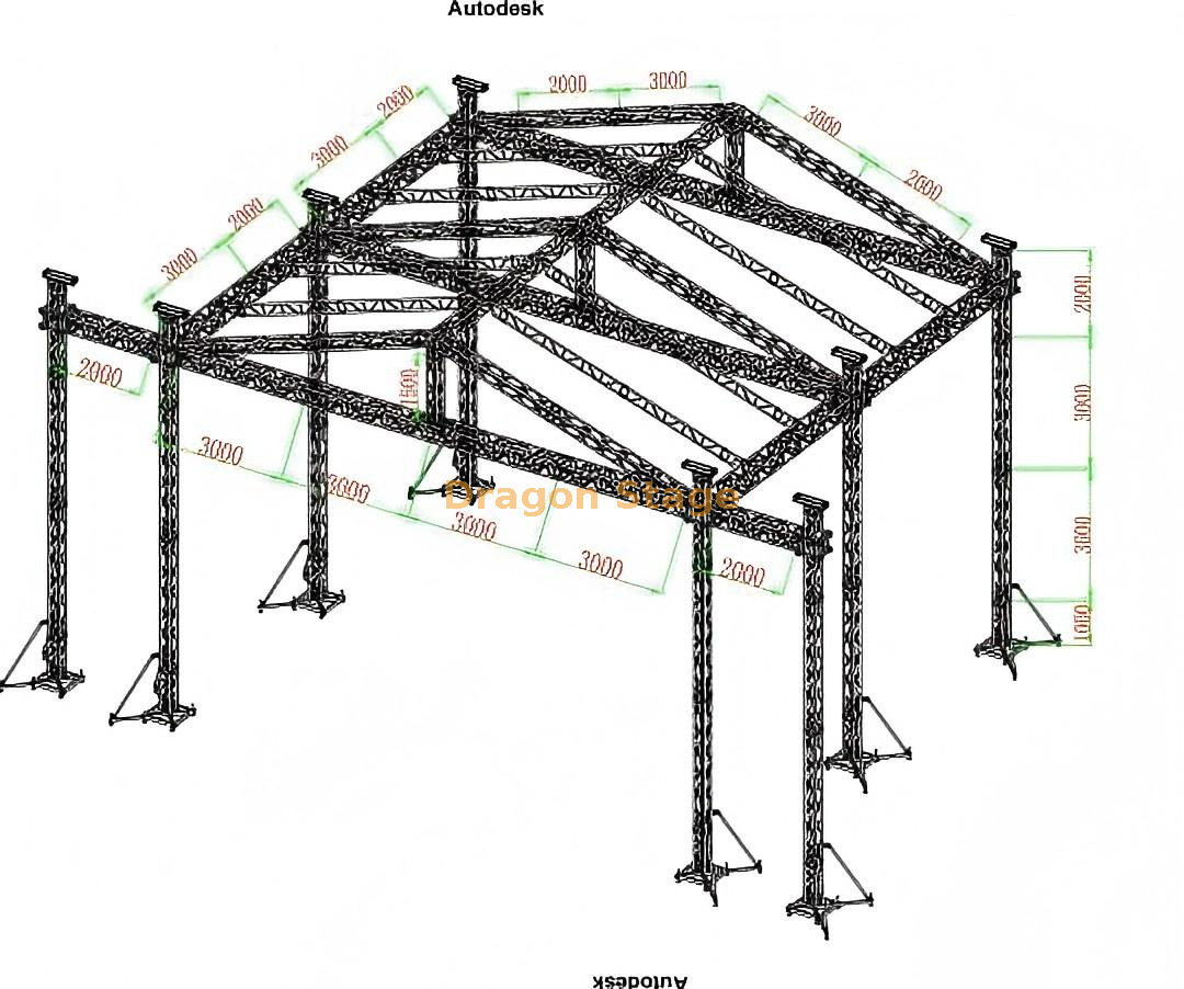 Custom Outdoor Concert Event Aluminum Portable Light Sound Truss System 12x10x9m حدث مخصص للحفلات الموسيقية في الهواء الطلق نظام الجمالون الخفيف المحمول 12x10x9m