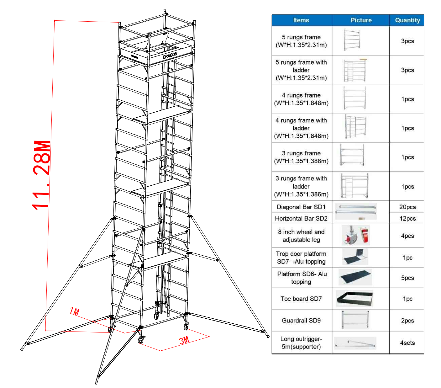 11.28m Outdoor Portable Double Scaffold with Ladder سقالة مزدوجة محمولة خارجية بطول 11.28 مترًا مع سلم