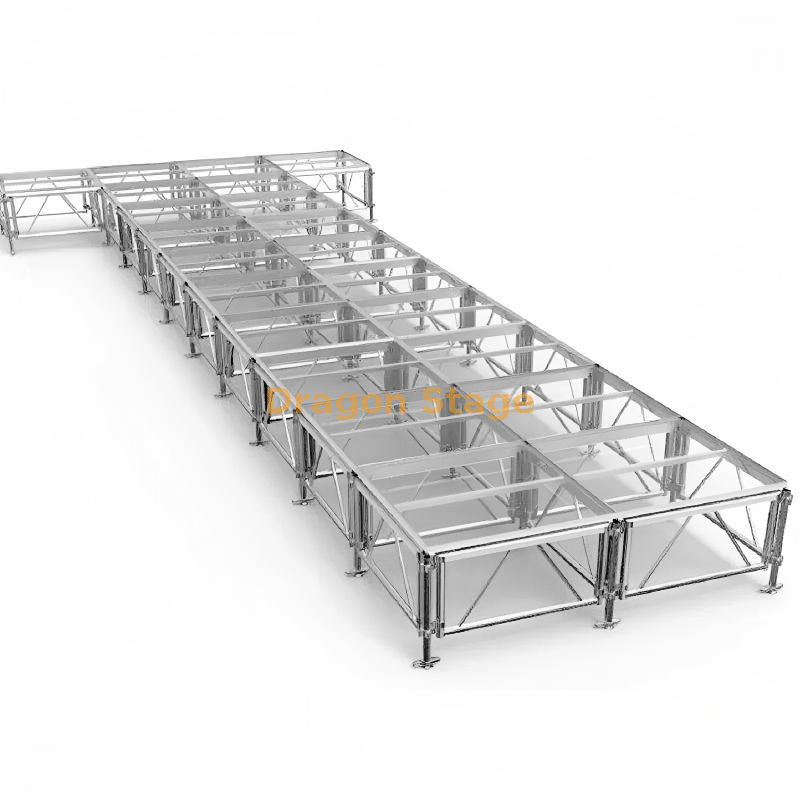 T-Shape Glass Fashion Runway with Adjustable Aluminum Frame and Dual Stairs مدرج أزياء زجاجي على شكل حرف T مع إطار من الألومنيوم قابل للتعديل وسلالم مزدوجة