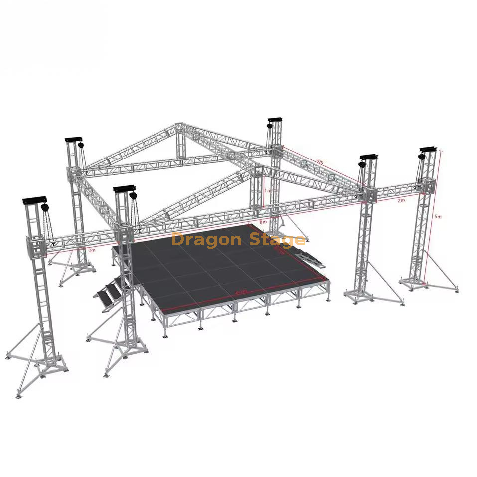 Outdoor Peak Roof Aluminum Stage Truss System 8x6x5m with Speaker Wings نظام تروس المرحلة الألومنيوم ذو السقف الأقصى في الهواء الطلق 8 × 6 × 5 م مع أجنحة مكبر الصوت