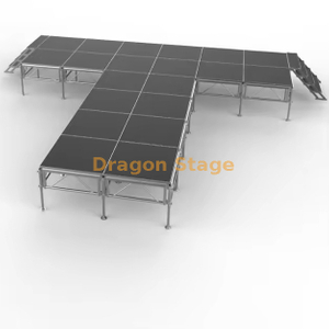 مسرح متنقل من الألومنيوم على شكل حرف T مقاس 7.32 × 7.32 م مع سلالم - ارتفاع قابل للتعديل (0.8 م)