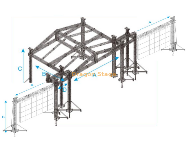 مسرح سقف الحفلة مقاس 20 × 12 × 6 م مع برج أجنحة PA وتروس جدار الفيديو LED