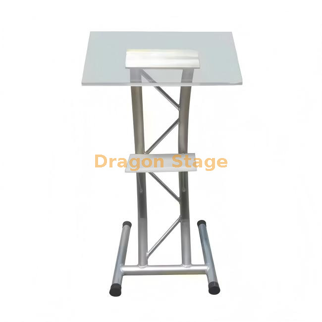 منصة حديثة من الأكريليك الشفاف مع إطار تروس من الألومنيوم الفضي