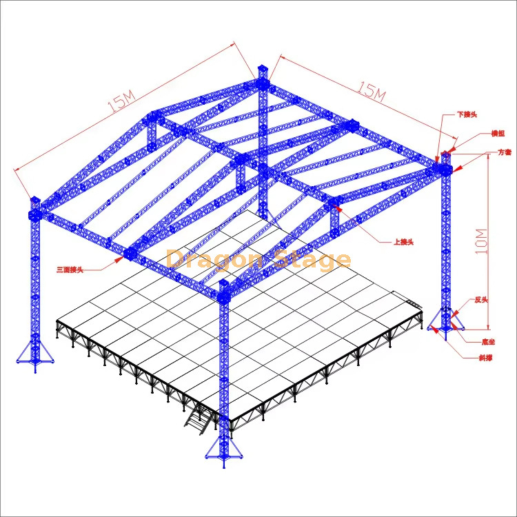 نظام تروس سقف مربع للخدمة الشاقة مقاس 15 × 15 × 10 م (ارتفاع 10 م، تروس حنفية من الألومنيوم)