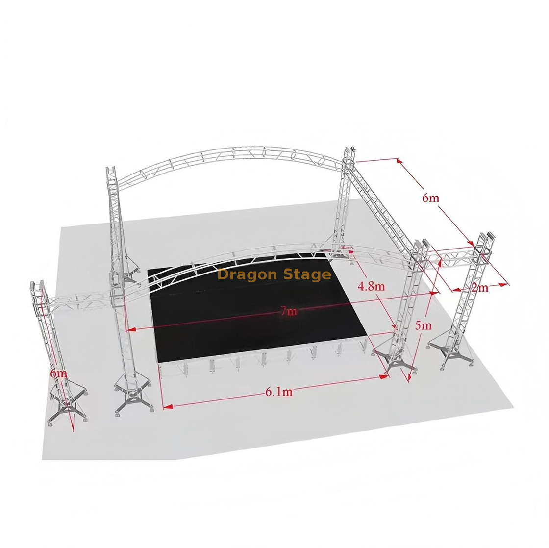 نظام تروس سقف منحني من الألومنيوم مقاس 7 × 6 × 5 م مع أجنحة مكبر صوت بطول 2 م