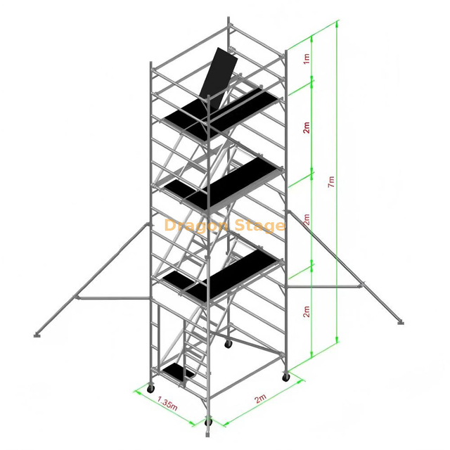 سقالات مزدوجة ذات سطح خشبي مخصص بطول 7 أمتار مع سلالم متسلقة