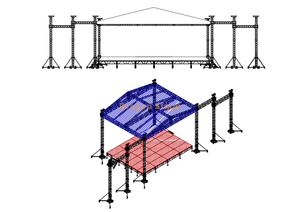 نظام تروس السقف المصنوع من الألومنيوم لحفلات الأحداث 13 × 13 × 7 م (43 × 43 × 23 قدمًا) مع مرحلة معيارية 12.2 × 12.2 م ارتفاع 1.6-2 م (40 × 40 قدمًا)