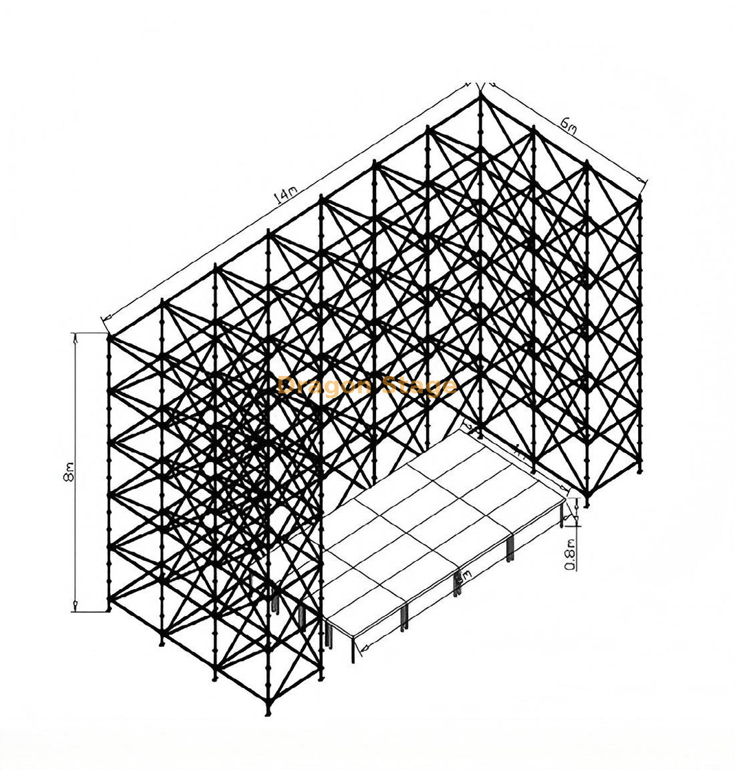 جدار تروس رينجلوك مقاس 14 × 6 × 8 م مع مرحلة سريعة من الألومنيوم مقاس 8 × 4 م ودرجين