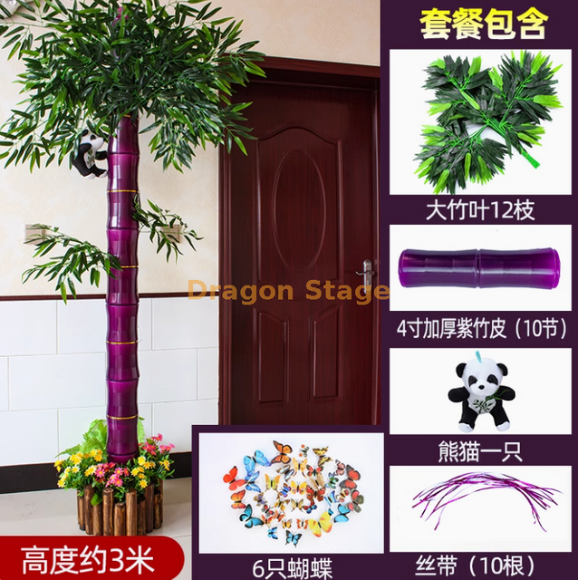 مجموعة جديدة من الخيزران الأرجواني مقاس 4 بوصات (تأتي مع الباندا) مع لحاء عقدة الخيزران المحاكاة ، والنباتات الخضراء ، وشرائح كرمة الزهور ، وزينة أنابيب مياه الصرف الصحي