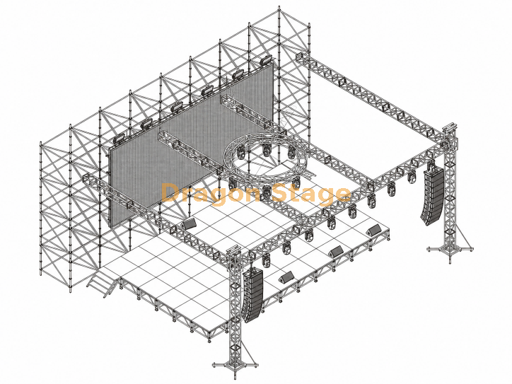 جدار خلفية LED Ringlock 16x2x8m مع مسرح ألومنيوم 12.2x7.32m وسقف تروس إضاءة 14x10x6m