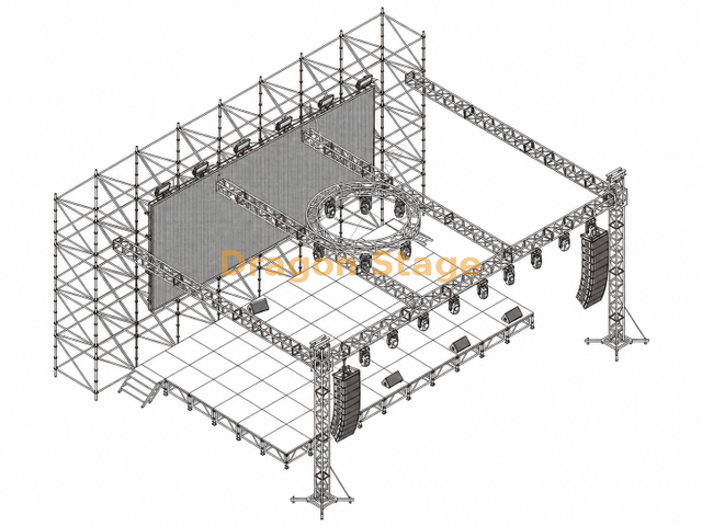 جدار خلفية LED Ringlock 16x2x8m مع مسرح ألومنيوم 12.2x7.32m وسقف تروس إضاءة 14x10x6m