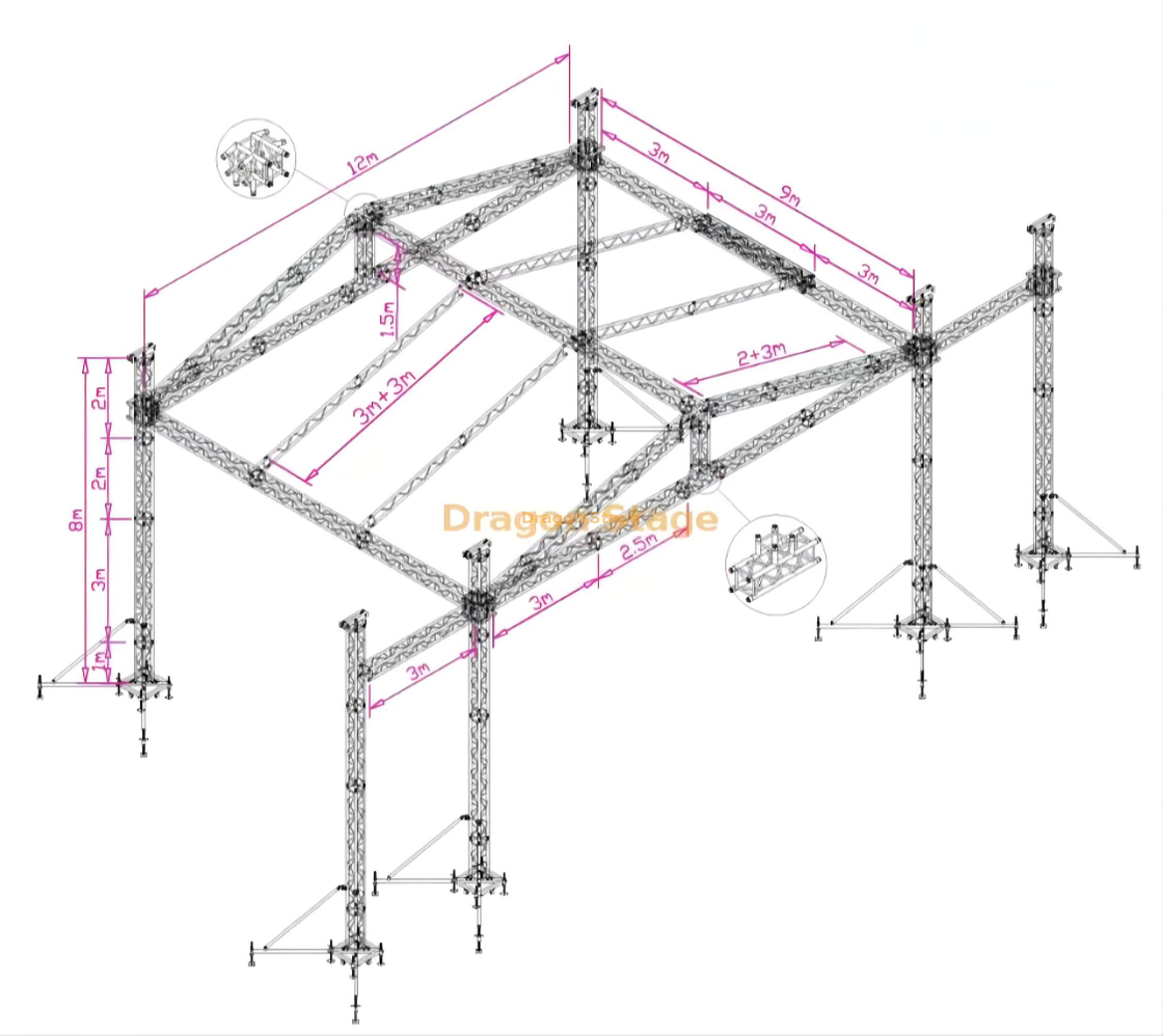 الحفل الألومنيوم في الهواء الطلق الحدث المرحلة الفضية كشك الحدث تروس مع سقف 12x9x8m