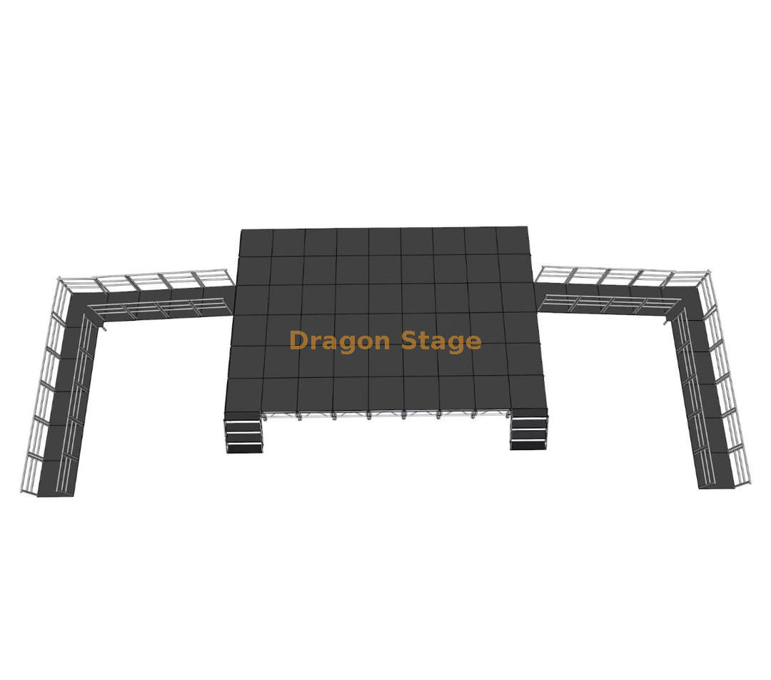 نظام مسرح ألومنيوم محمول احترافي مقاس 10.98 × 7.32 م مع منحدرات ADA ودرجين وارتفاع قابل للتعديل 0.8-1.2 م