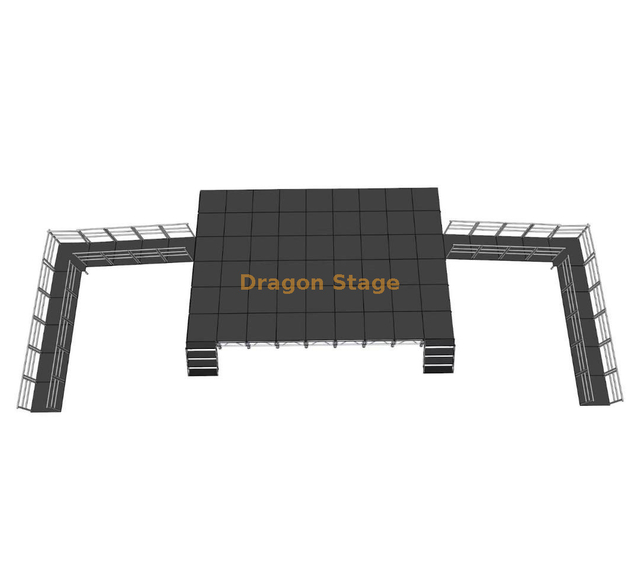 نظام مسرح ألومنيوم محمول احترافي مقاس 10.98 × 7.32 م مع منحدرات ADA ودرجين وارتفاع قابل للتعديل 0.8-1.2 م