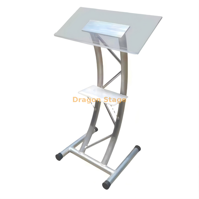 منصة حديثة من الأكريليك الشفاف مع إطار تروس من الألومنيوم الفضي